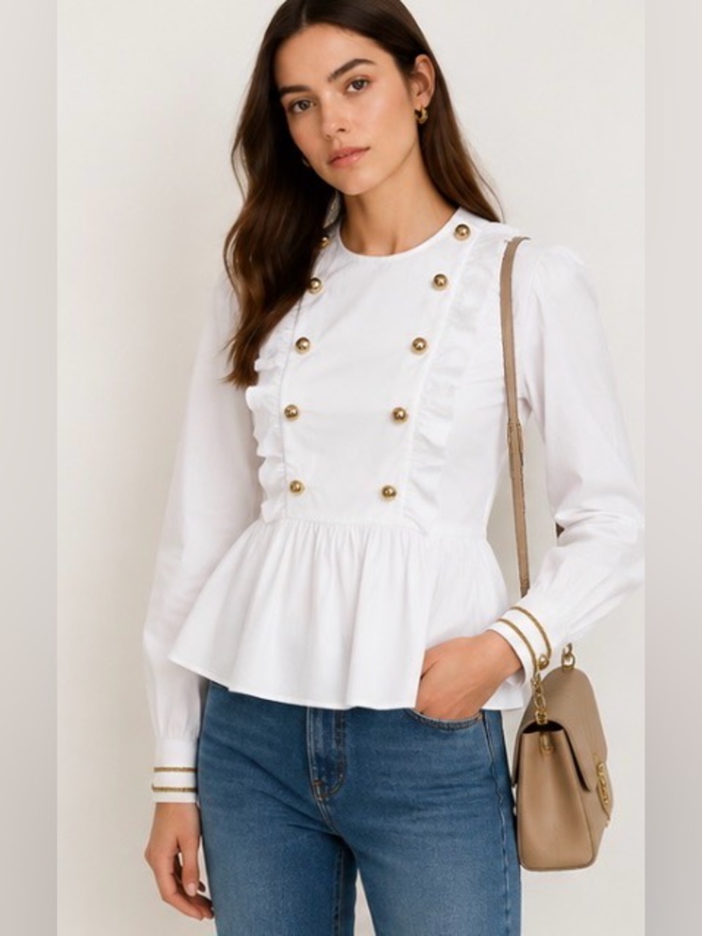 🆕 [Pinko] White Cotton Ruffle Peplum Gold Button Blouse IT 40 S Made in Italy - Picture 8 of 13